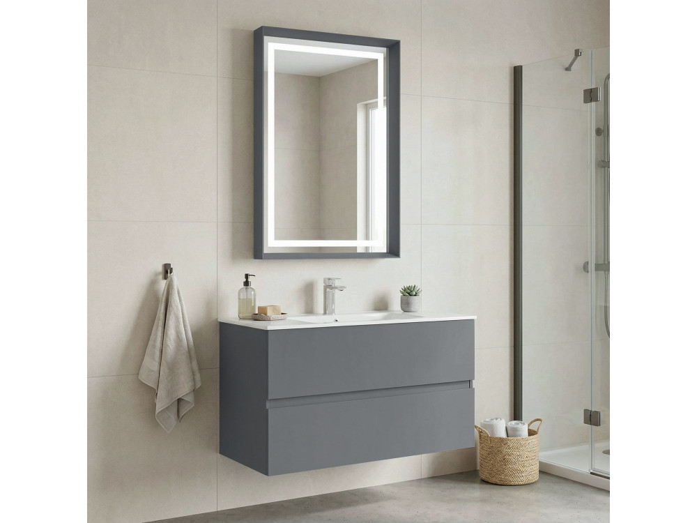 Set mobile lavabo con specchio (2 pezzi) "Nest 91 v2" - 91 x 51 x 55 cm - Grigio opaco