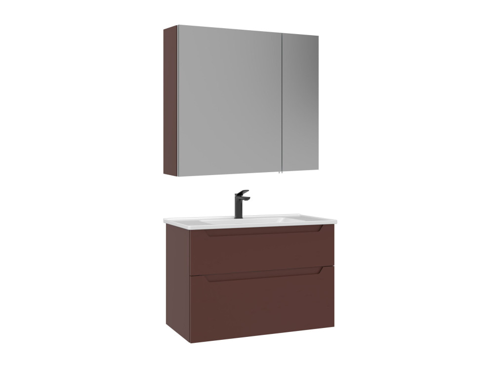 Set mobile lavabo con specchio (2 pezzi) "Messina 85 v2" - 85 x 45 x 55 cm - Rosso opaco