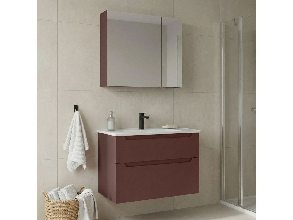 Set mobile lavabo con specchio (2 pezzi) "Messina 85 v2" - 85 x 45 x 55 cm - Rosso opaco