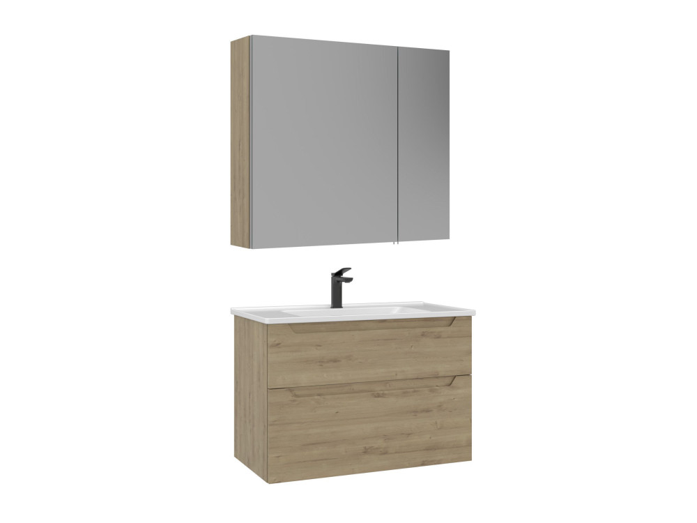Set mobile lavabo con specchio (2 pezzi) "Messina 85 v2" - 85 x 45 x 55 cm - Rovere