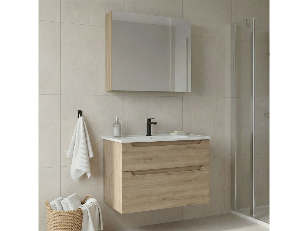 Set mobile lavabo con specchio (2 pezzi) "Messina 85 v2" - 85 x 45 x 55 cm - Rovere