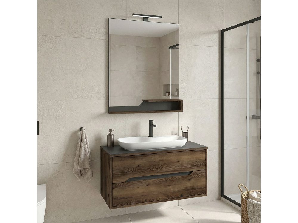 Set mobile lavabo con specchio (2 pezzi) "Galia 100 v2" - 100 x 50 x 50 cm - Noce