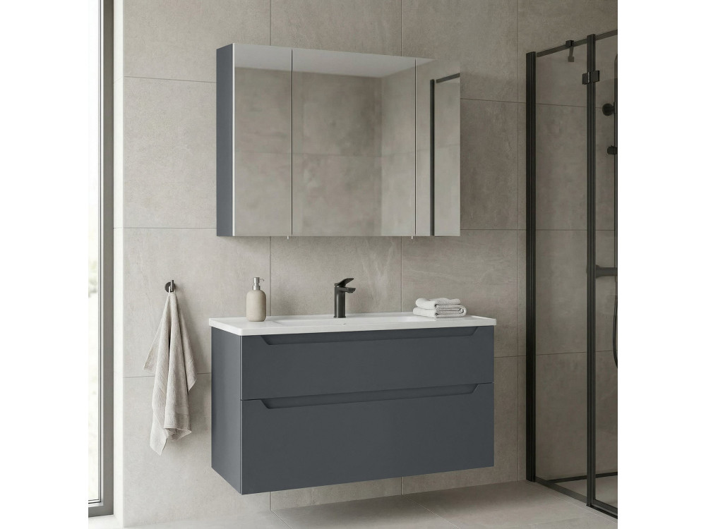 Set mobile lavabo con specchio (2 pezzi) "Messina 100 v2" - 100 x 45 x 55 cm - Antracite opaco