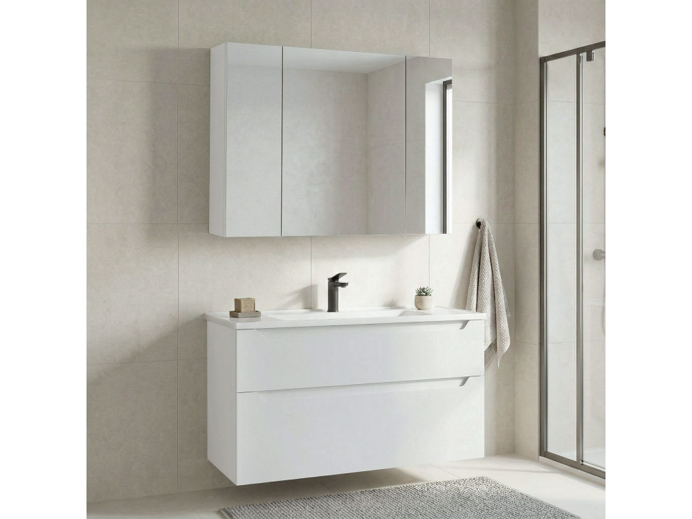 Set mobile lavabo con specchio (2 pezzi) "Messina 100 v2" - 100 x 45 x 55 cm - Bianco opaco