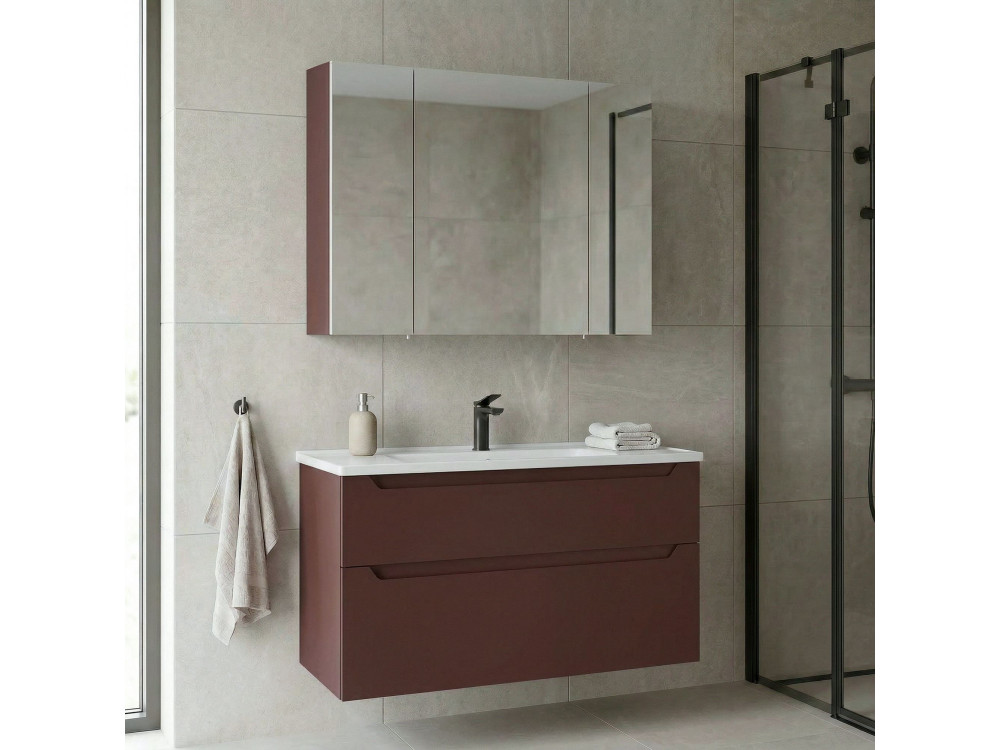 Set mobile lavabo con specchio (2 pezzi) "Messina 100 v2" - 100 x 45 x 55 cm - Rosso opaco