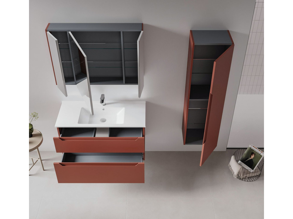 Set mobile lavabo con specchio (2 pezzi) "Messina 100 v2" - 100 x 45 x 55 cm - Rosso opaco
