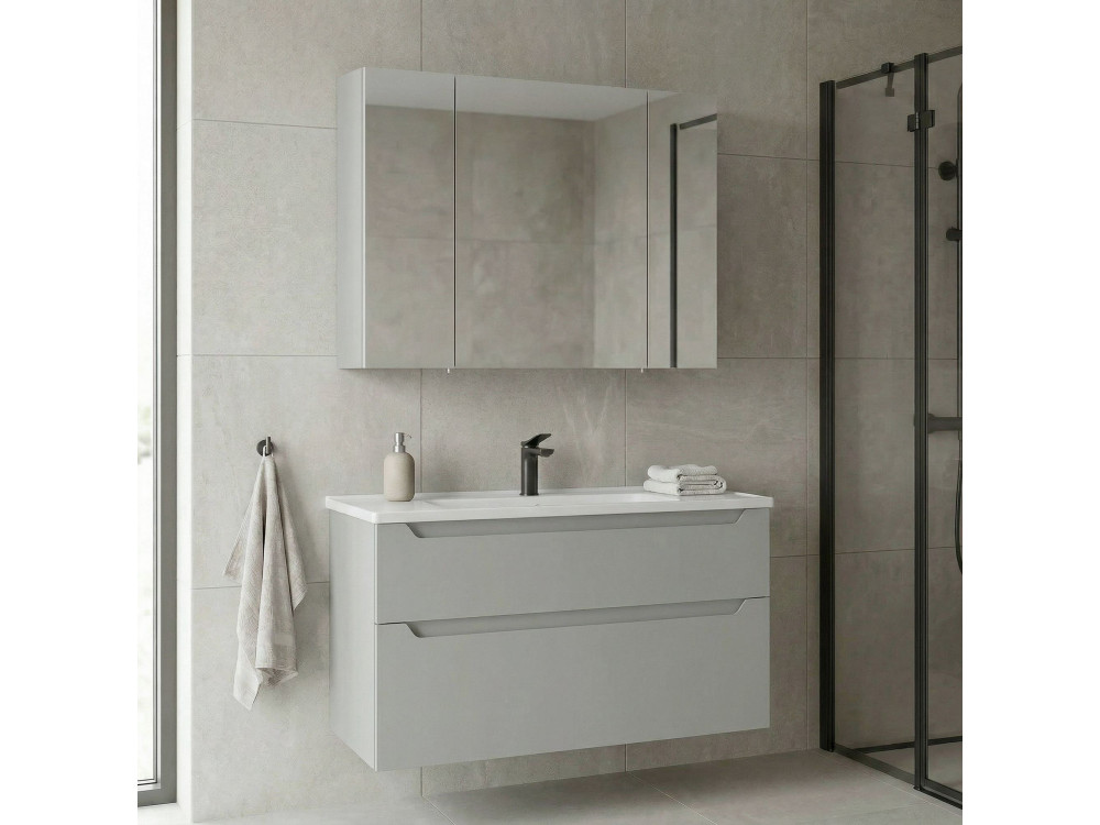 Set mobile lavabo con specchio (2 pezzi) "Messina 100 v2" - 100 x 45 x 55 cm - Cashmere opaco