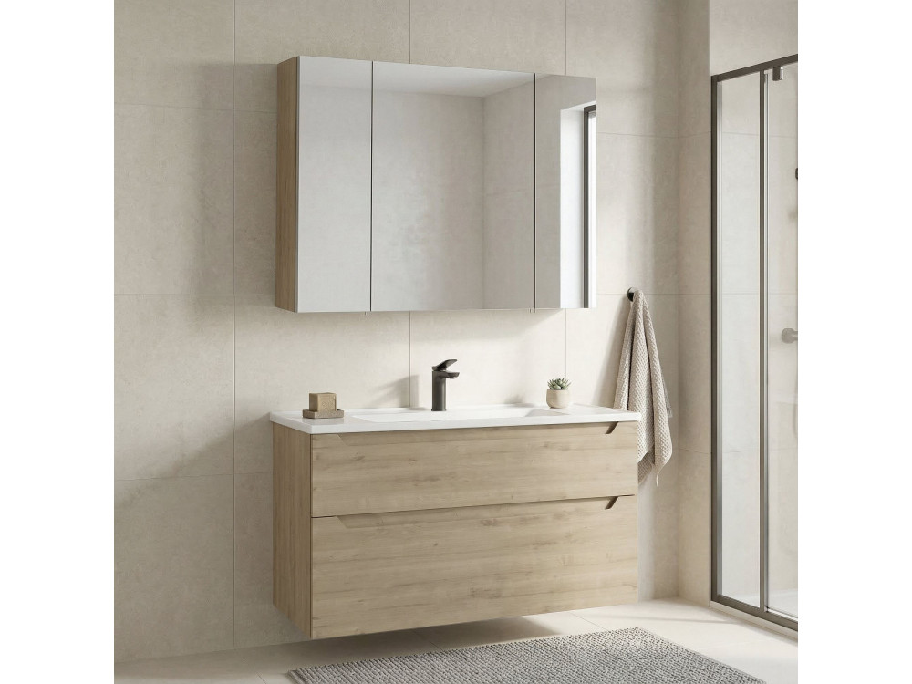 Set mobile lavabo con specchio (2 pezzi) "Messina 100 v2" - 100 x 45 x 55 cm - Rovere