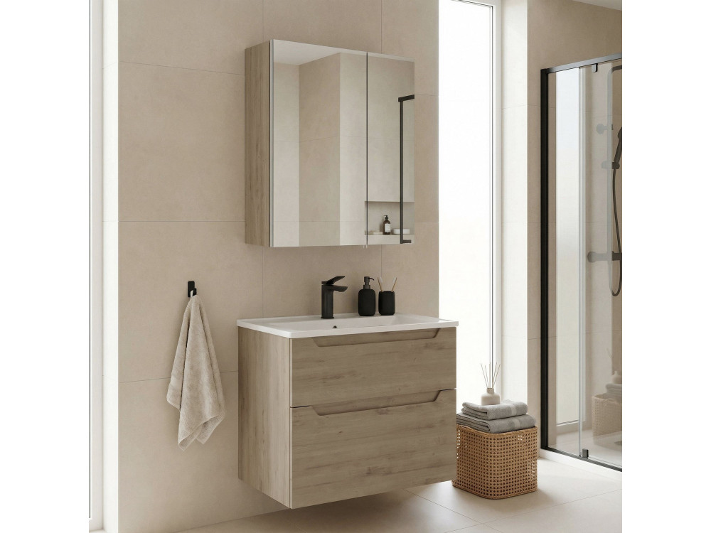Set mobile lavabo con specchio (2 pezzi) "Messina 65 v2" - 65 x 45 x 55 cm - Rovere
