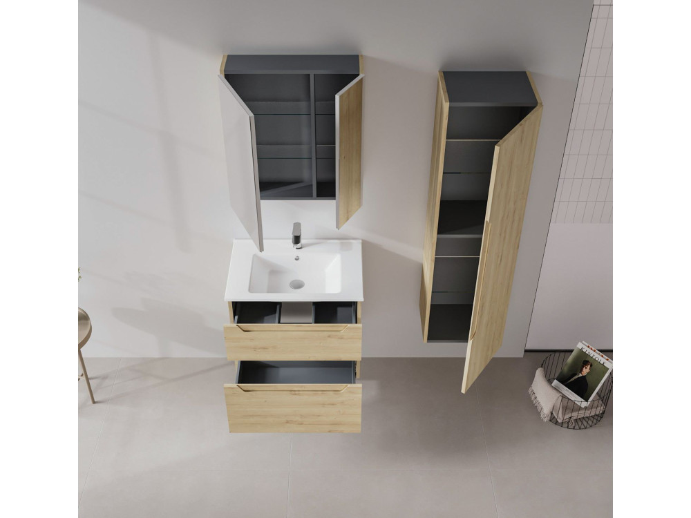 Set mobile lavabo con specchio (2 pezzi) "Messina 65 v2" - 65 x 45 x 55 cm - Rovere