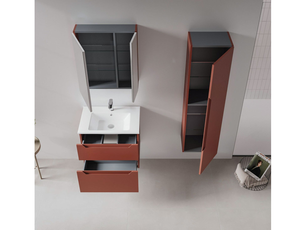 Set mobile lavabo con specchio (2 pezzi) "Messina 65 v2" - 65 x 45 x 55 cm - Rosso opaco