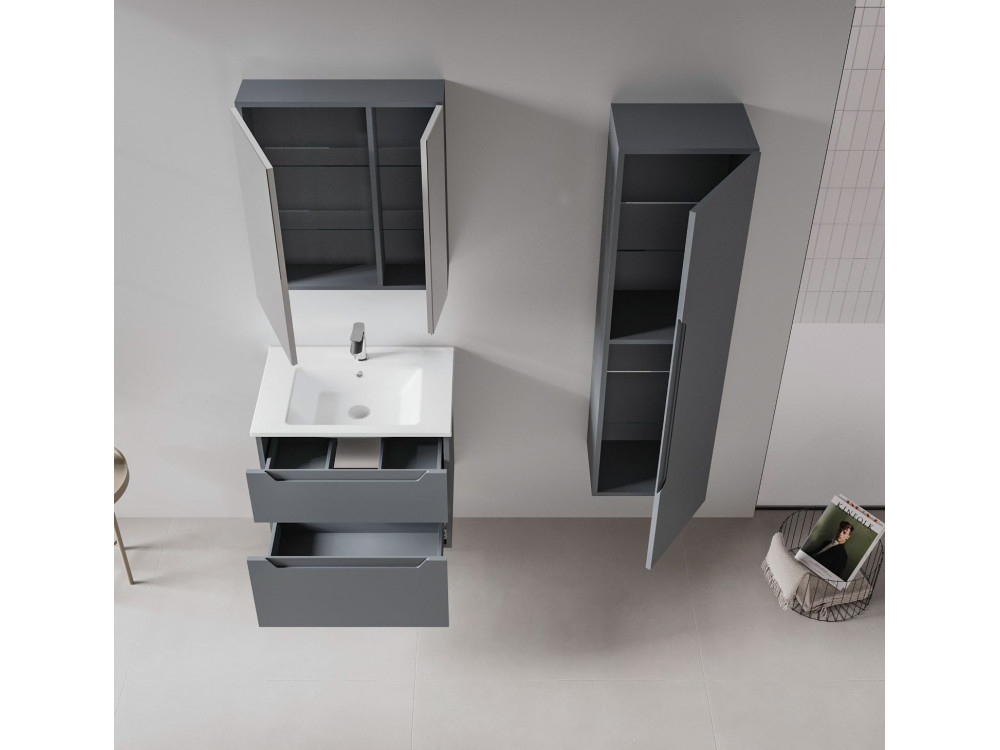 Set mobile lavabo con specchio (2 pezzi) "Messina 65 v2" - 65 x 45 x 55 cm - Antracite opaco