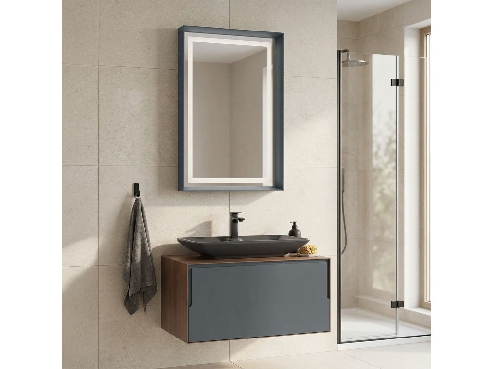 Set mobile lavabo con specchio (2 pezzi) "Craft 80" - 60 x 50 x 40 cm - Noce / Antracite
