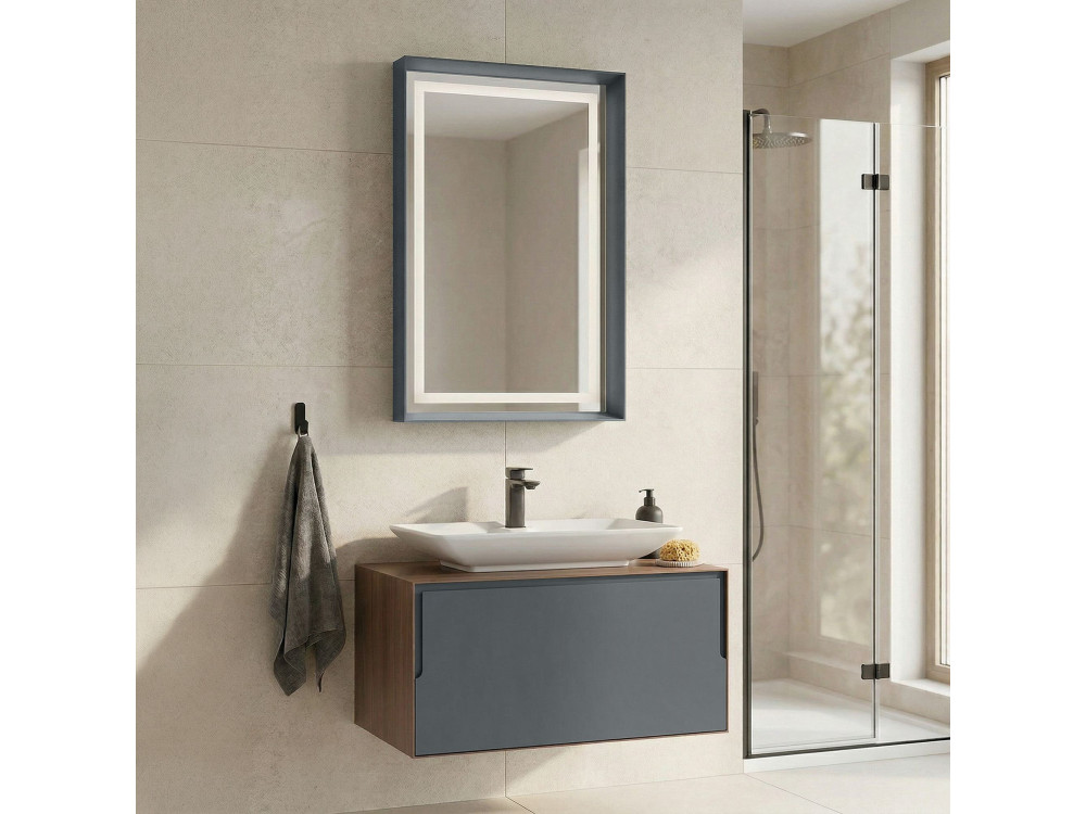 Set mobile lavabo con specchio (2 pezzi) "Craft 80" - 60 x 50 x 40 cm - Noce / Antracite / Bianco