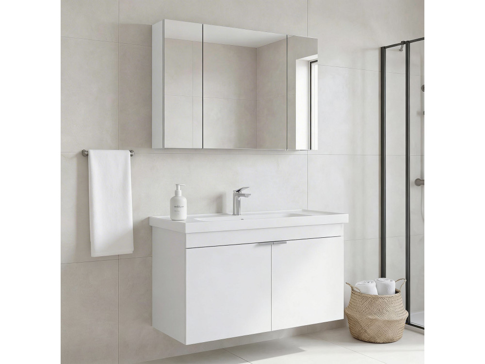 Set mobile lavabo con specchio (2 pezzi) "Desna 100" - 100 x 45 x 58 cm - Bianco opaco