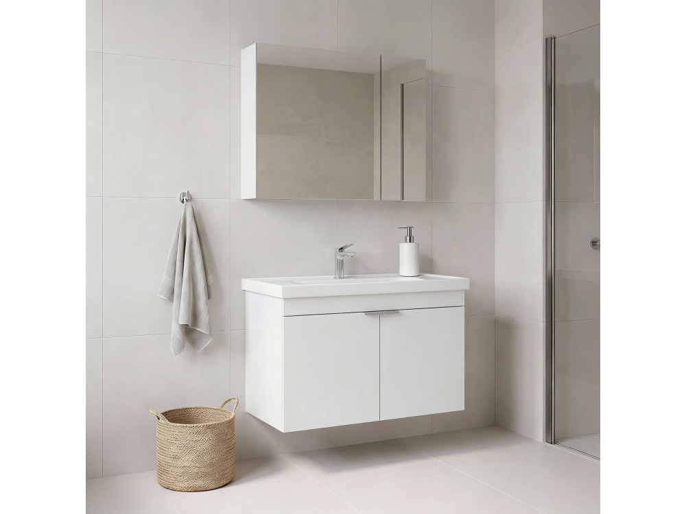 Set mobile lavabo con specchio (2 pezzi) "Desna 80" - 80 x 45 x 58 cm - Bianco opaco