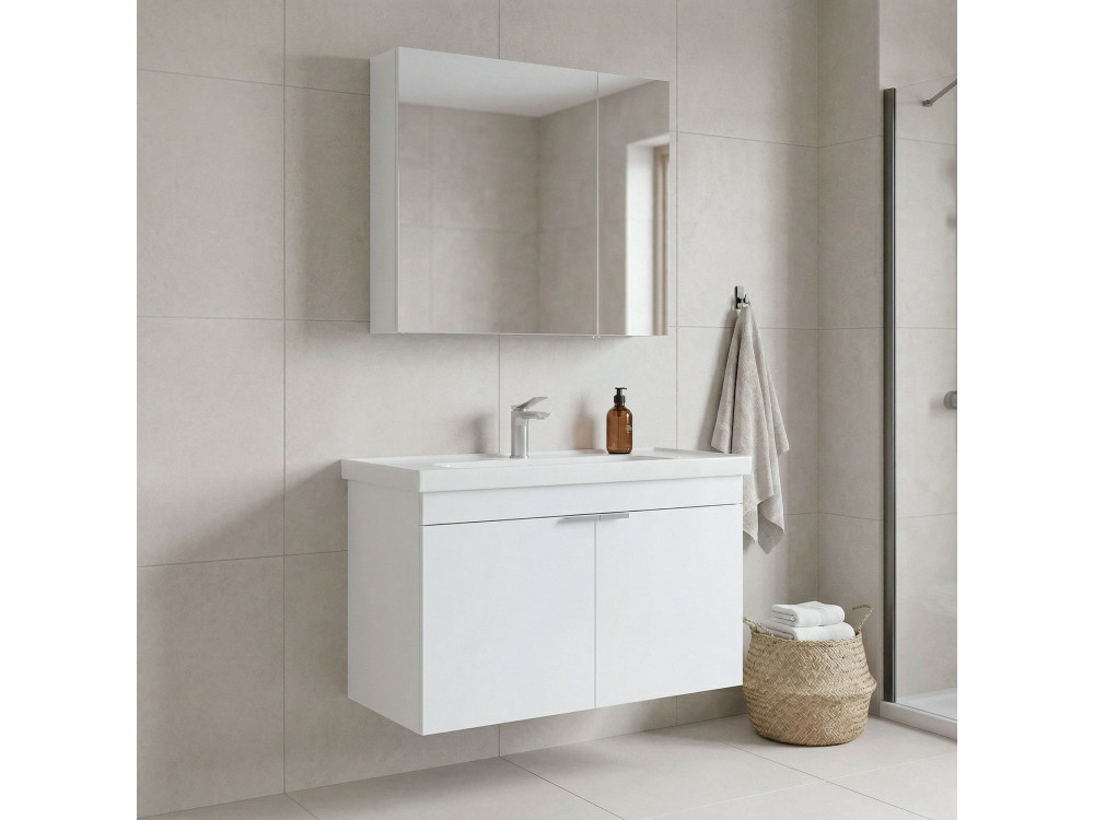 Set mobile lavabo con specchio (2 pezzi) "Desna 90" - 90 x 45 x 58 cm - Bianco opaco