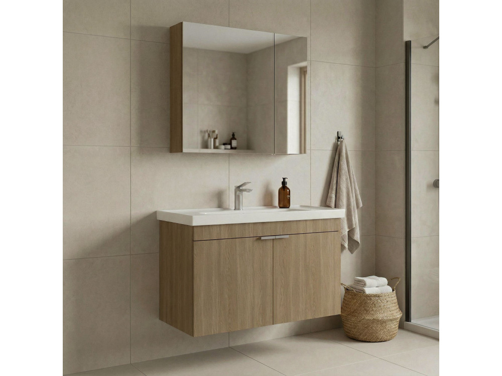 Set mobile lavabo con specchio (2 pezzi) "Desna 90" - 90 x 45 x 58 cm - Rovere