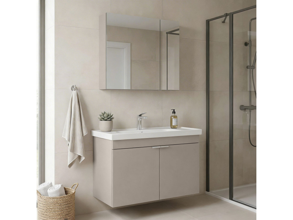 Set mobile lavabo con specchio (2 pezzi) "Desna 90" - 90 x 45 x 58 cm - Sabbia