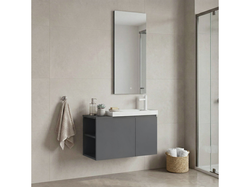 Set mobile lavabo con specchio (2 pezzi) "Ferla 80" - 80 x 22 x 45 cm - Grigio opaco