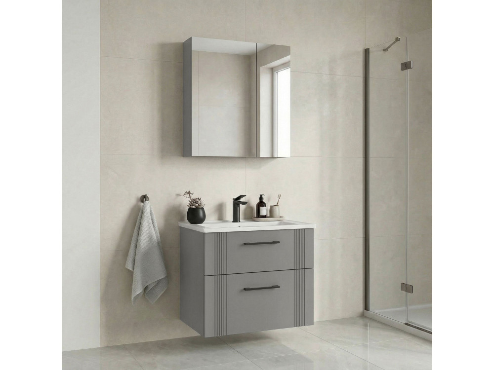 Set mobile lavabo con specchio (2 pezzi) "Bari 65 v2" - 65 x 45 x 55 cm - Cashmere opaco