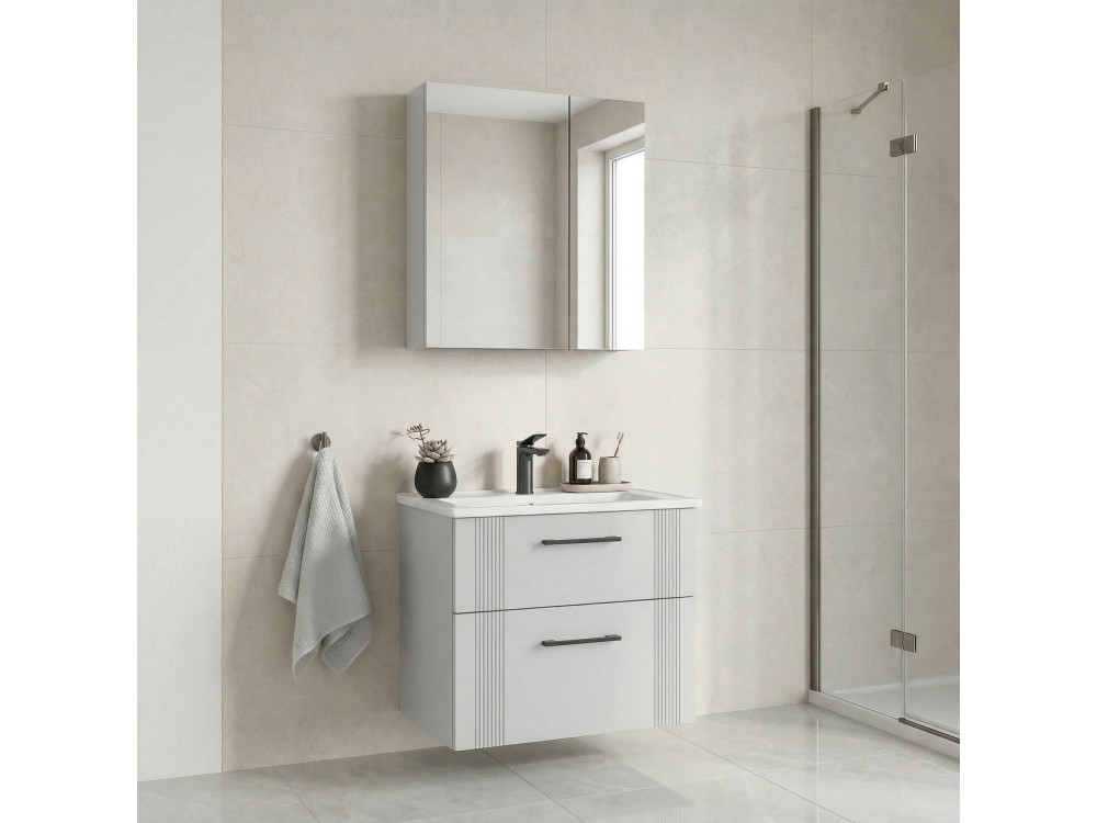 Set mobile lavabo con specchio (2 pezzi) "Bari 65 v2" - 65 x 45 x 55 cm - Bianco opaco