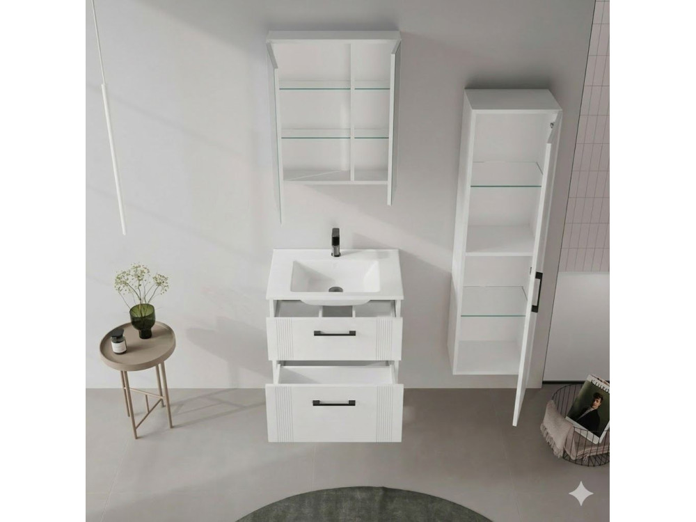 Set mobile lavabo con specchio (2 pezzi) "Bari 65 v2" - 65 x 45 x 55 cm - Bianco opaco
