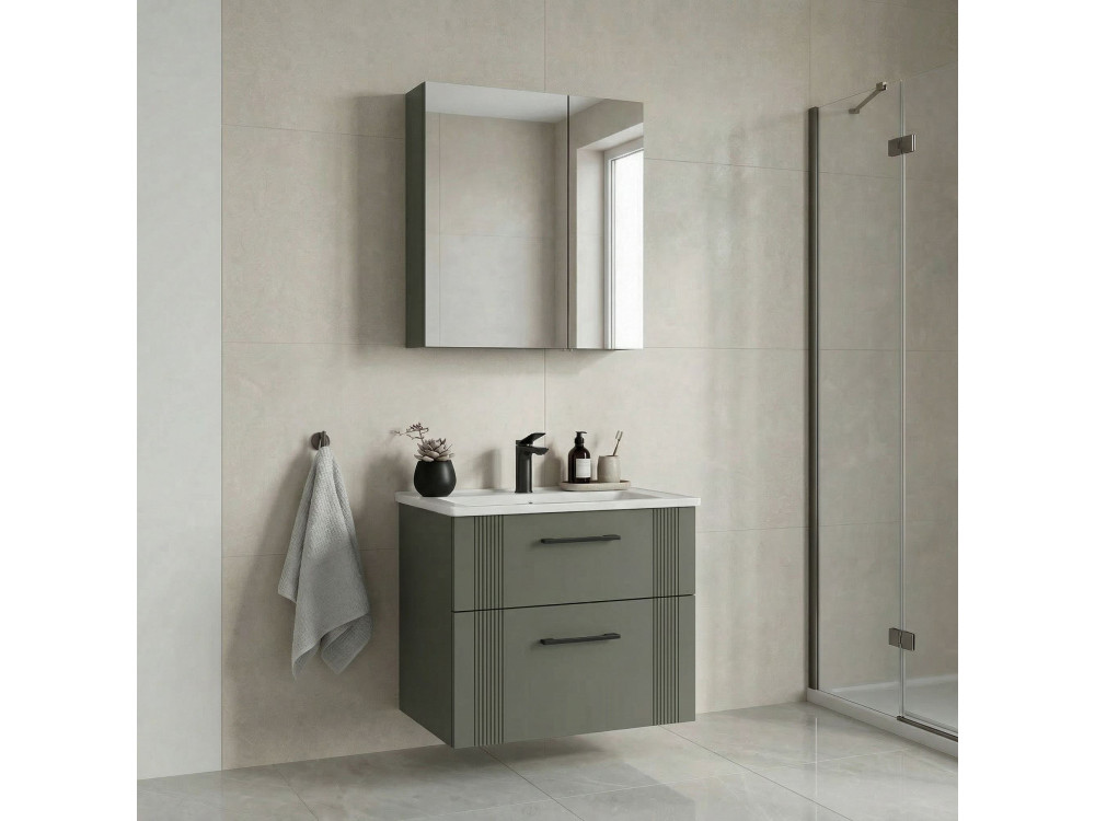 Set mobile lavabo con specchio (2 pezzi) "Bari 65 v2" - 65 x 45 x 55 cm - Verde opaco