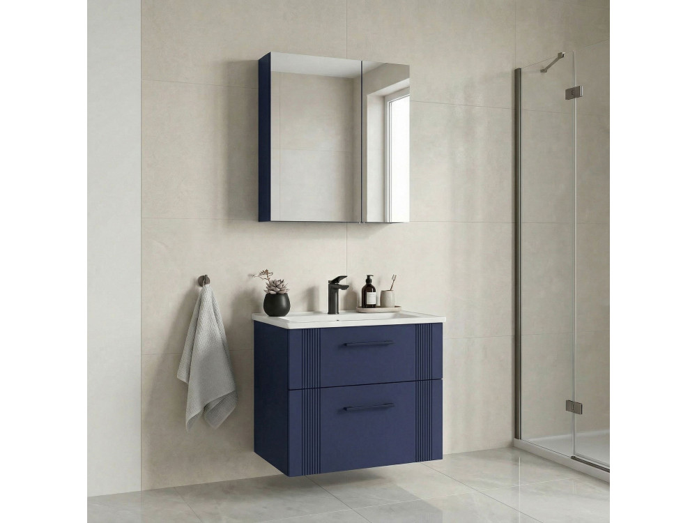 Set mobile lavabo con specchio (2 pezzi) "Bari 65 v2" - 65 x 45 x 55 cm - Blu navy opaco