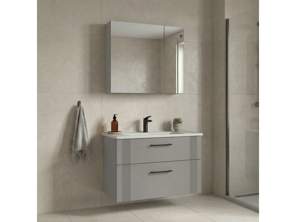 Set mobile lavabo con specchio (2 pezzi) "Bari 85 v2" - 85 x 45 x 55 cm - Cashmere opaco