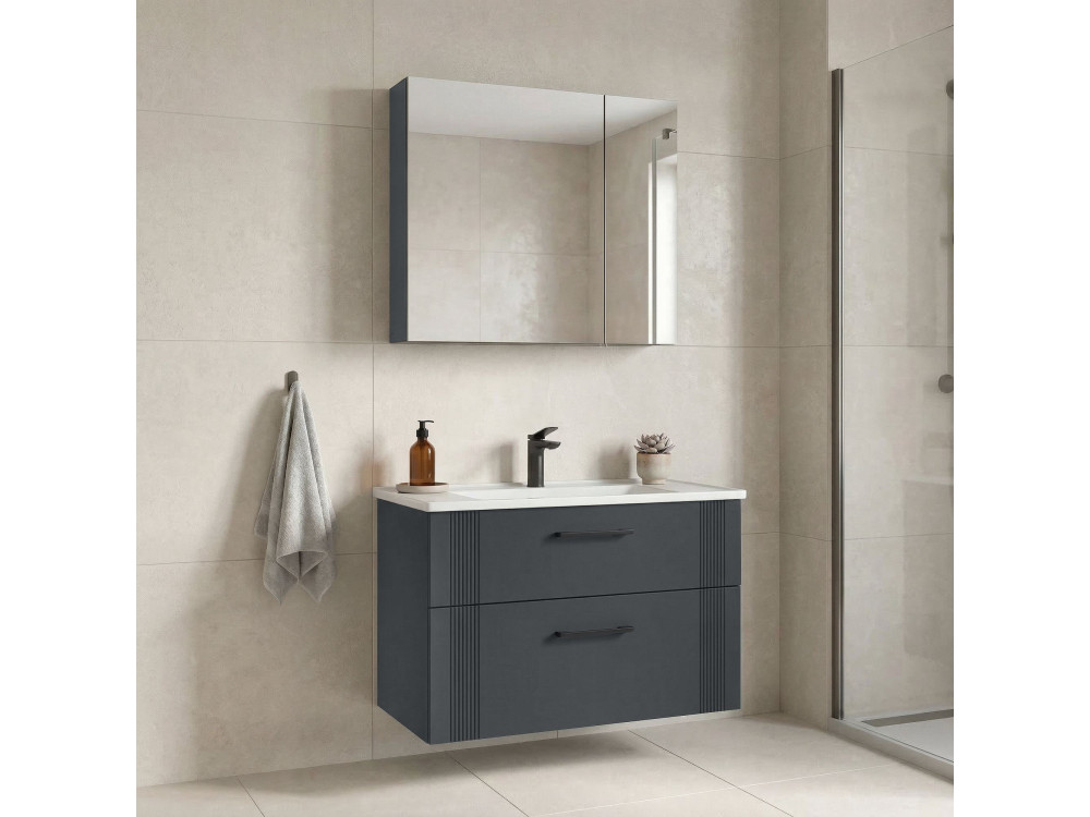 Set mobile lavabo con specchio (2 pezzi) "Bari 85 v2" - 85 x 45 x 55 cm - Antracite opaco