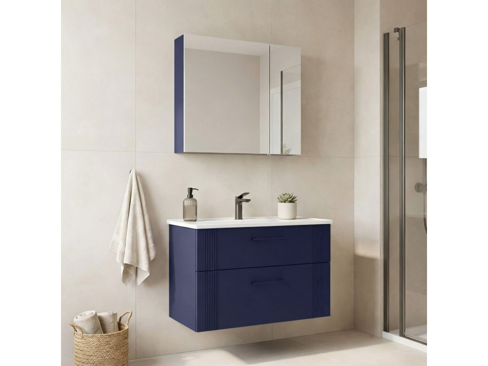 Set mobile lavabo con specchio (2 pezzi) "Bari 85 v2" - 85 x 45 x 55 cm - Blu navy opaco