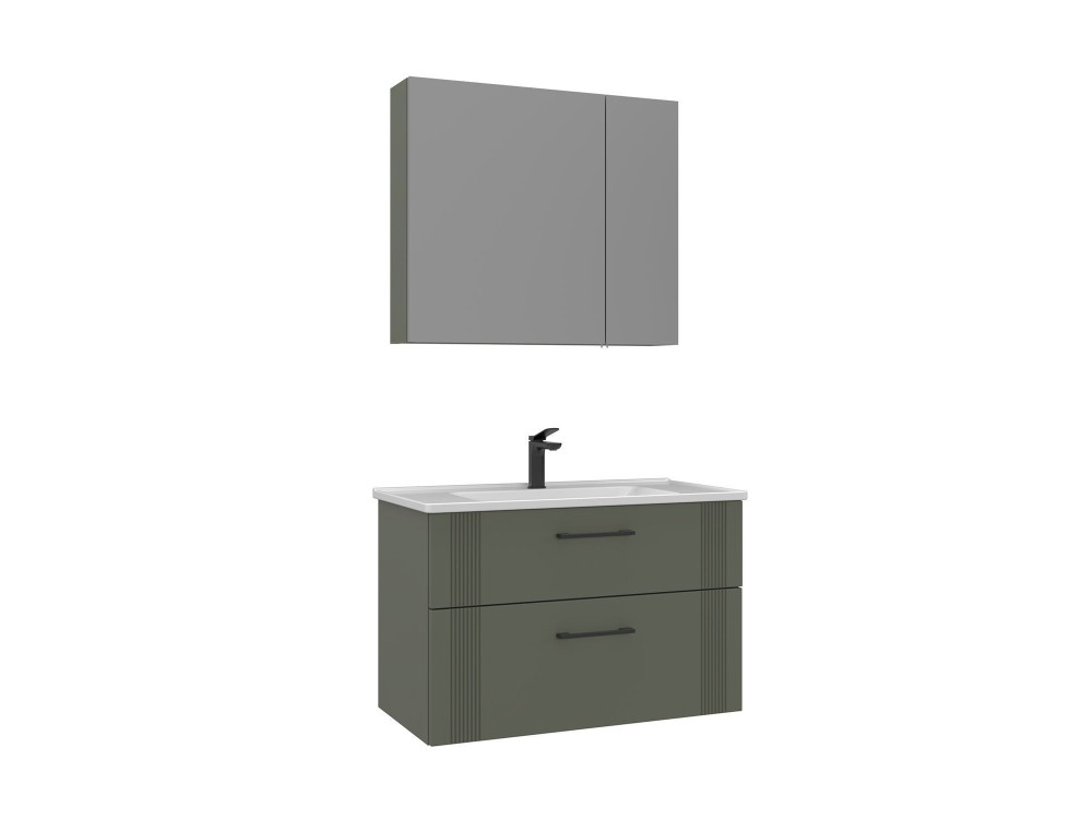 Set mobile lavabo con specchio (2 pezzi) "Bari 85 v2" - 85 x 45 x 55 cm - Verde opaco