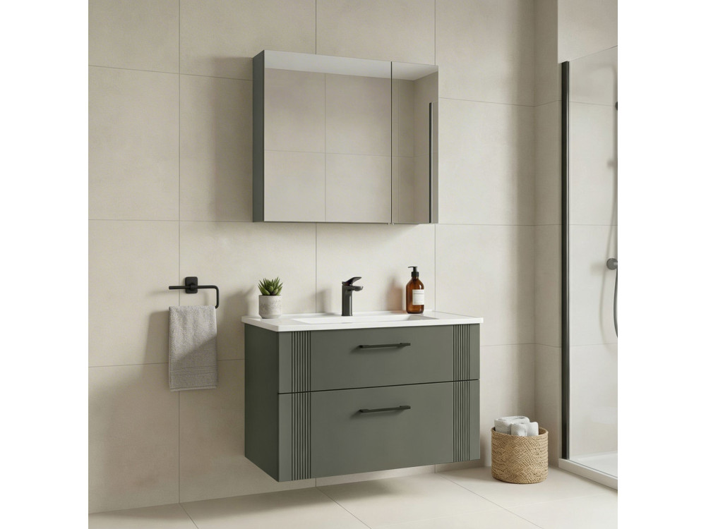 Set mobile lavabo con specchio (2 pezzi) "Bari 85 v2" - 85 x 45 x 55 cm - Verde opaco