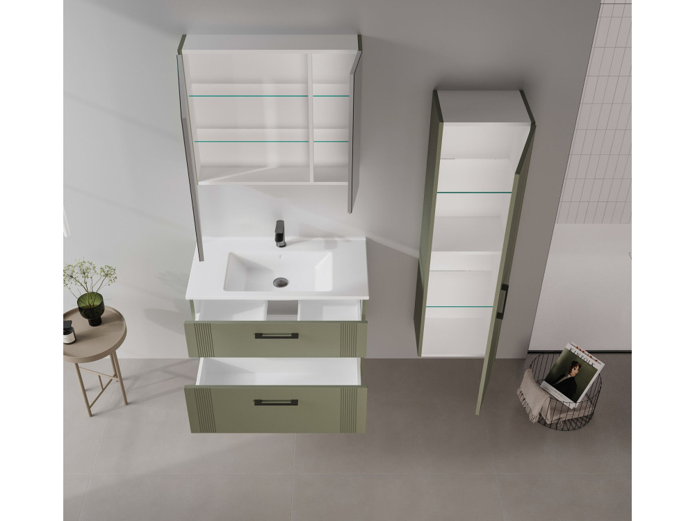 Set mobile lavabo con specchio (2 pezzi) "Bari 85 v2" - 85 x 45 x 55 cm - Verde opaco