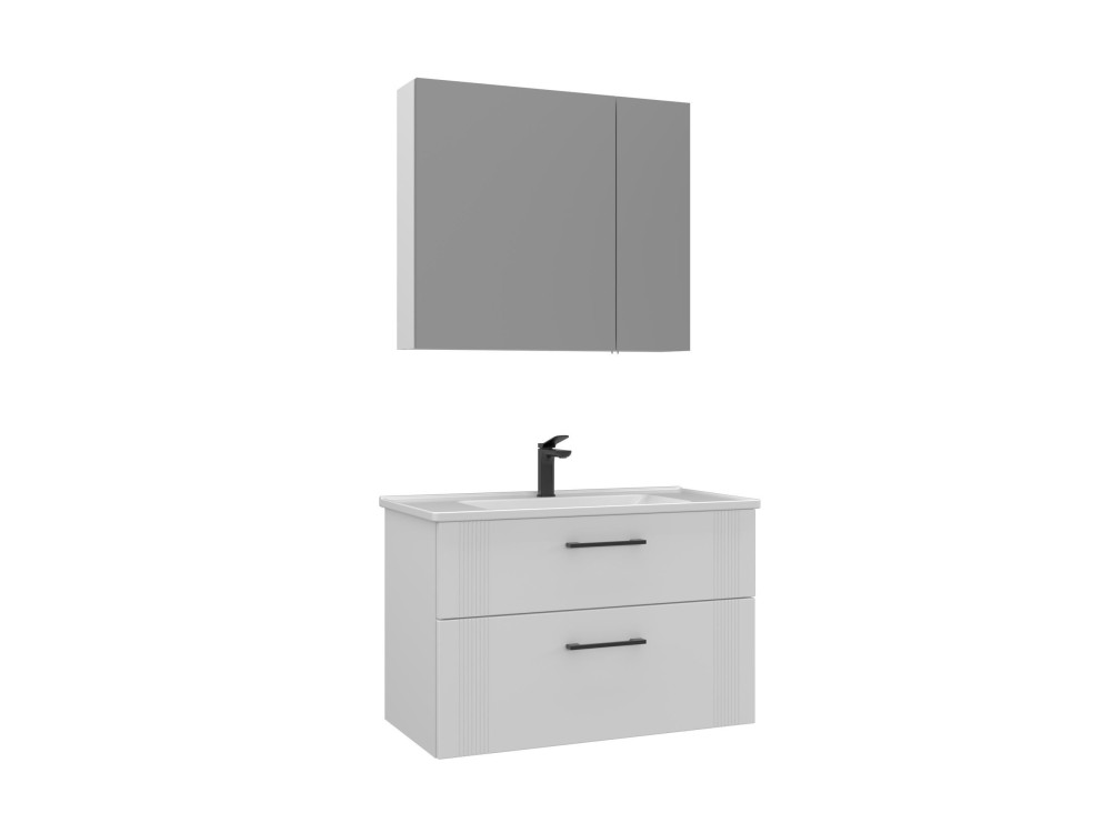 Set mobile lavabo con specchio (2 pezzi) "Bari 85 v2" - 85 x 45 x 55 cm - Bianco opaco