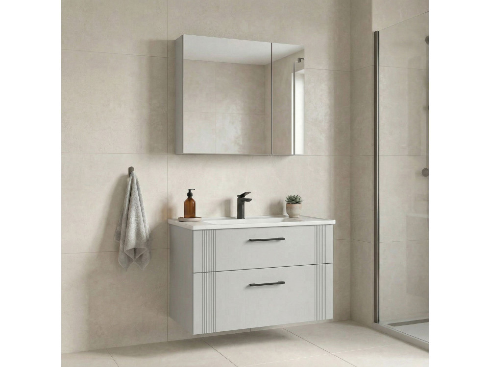 Set mobile lavabo con specchio (2 pezzi) "Bari 85 v2" - 85 x 45 x 55 cm - Bianco opaco