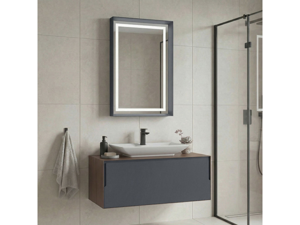 Set mobile lavabo con specchio (2 pezzi) "Craft 100" - 100 x 50 x 40 cm - Noce / Antracite / Bianco