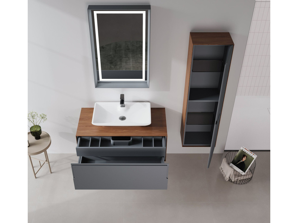 Set mobile lavabo con specchio (2 pezzi) "Craft 100" - 100 x 50 x 40 cm - Noce / Antracite / Bianco