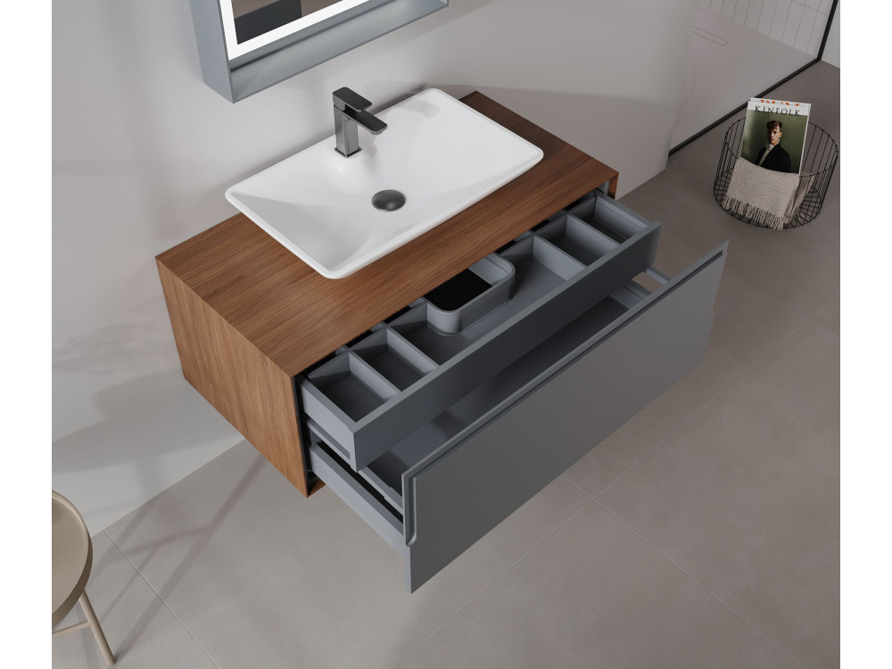 Set mobile lavabo con specchio (2 pezzi) "Craft 100" - 100 x 50 x 40 cm - Noce / Antracite / Bianco