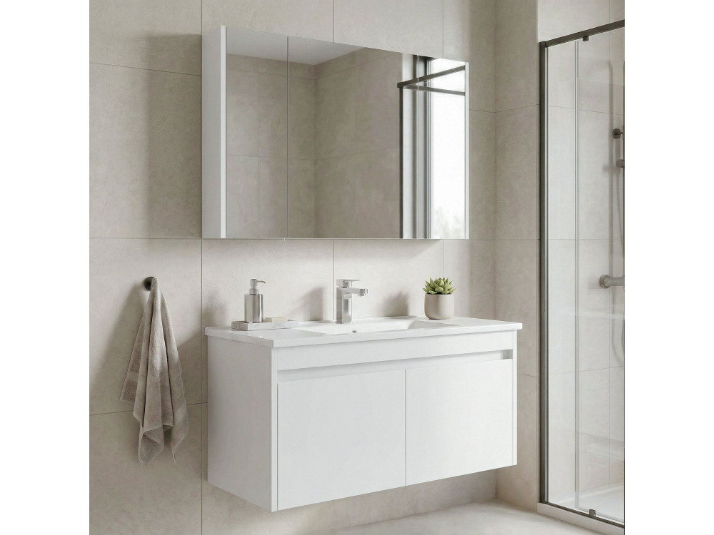 Set mobile lavabo con specchio (2 pezzi) "Arno 100" - 100 x 45 x 52 cm - Bianco