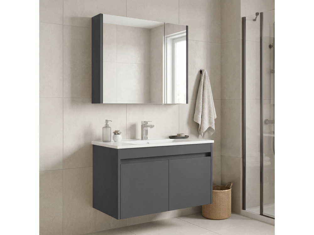 Set mobile lavabo con specchio (2 pezzi) "Arno 85" - 85 x 45 x 52 cm - Grigio