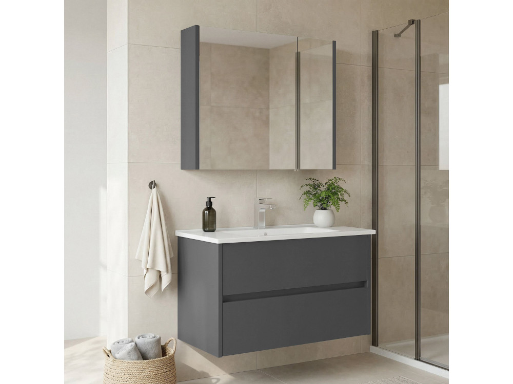 Set mobile lavabo con specchio (2 pezzi) "Arno 85" - 85 x 45 x 52 cm - Grigio