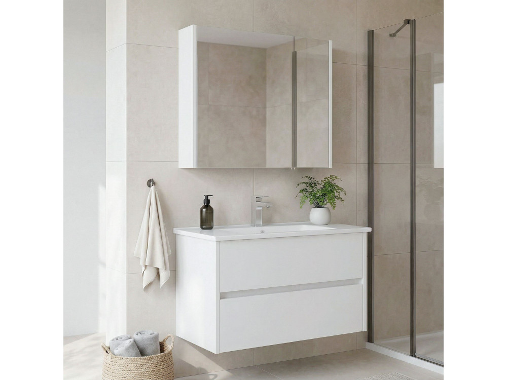 Set mobile lavabo con specchio (2 pezzi) "Arno 85" - 85 x 45 x 52 cm - Bianco