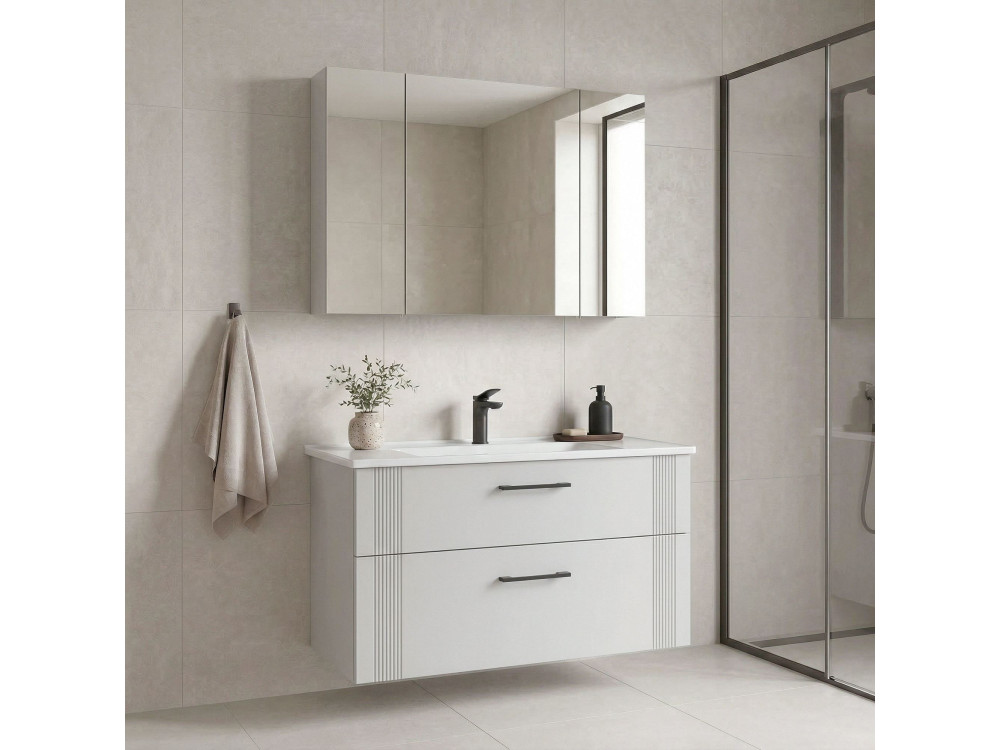 Set mobile lavabo con specchio (2 pezzi) "Bari 100 v2" - 100 x 45 x 55 cm - Bianco opaco