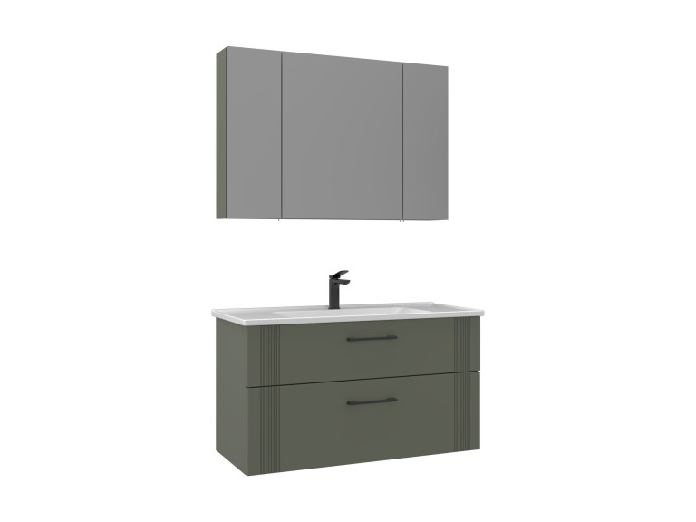 Set mobile lavabo con specchio (2 pezzi) "Bari 100 v2" - 100 x 45 x 55 cm - Verde opaco
