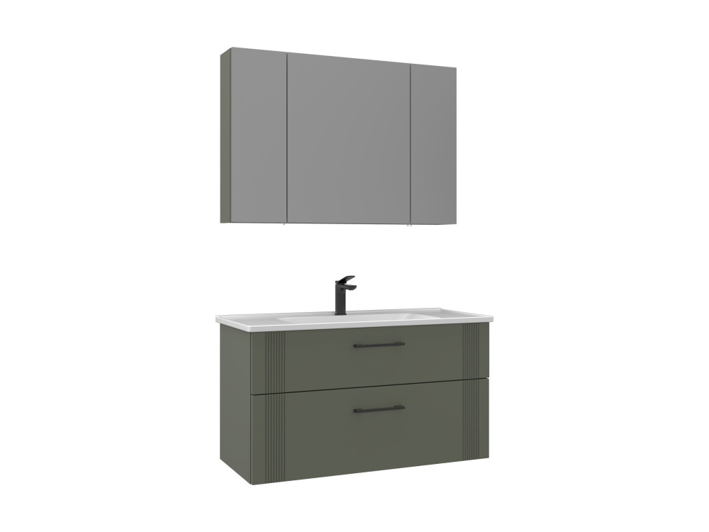 Set mobile lavabo con specchio (2 pezzi) "Bari 100 v2" - 100 x 45 x 55 cm - Verde opaco
