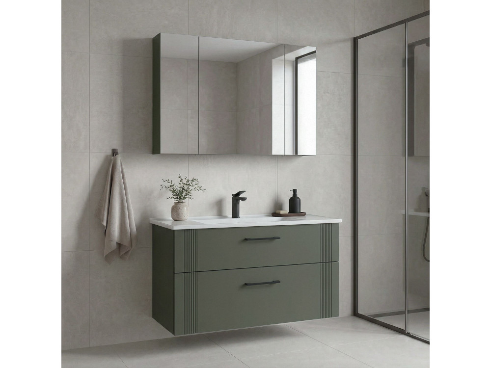 Set mobile lavabo con specchio (2 pezzi) "Bari 100 v2" - 100 x 45 x 55 cm - Verde opaco