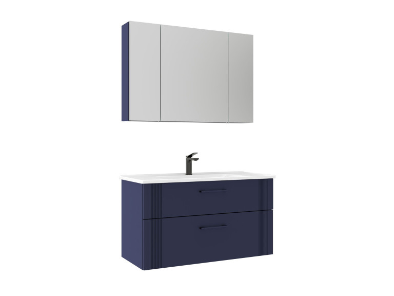 Set mobile lavabo con specchio (2 pezzi) "Bari 100 v2" - 100 x 45 x 55 cm - Blu navy opaco