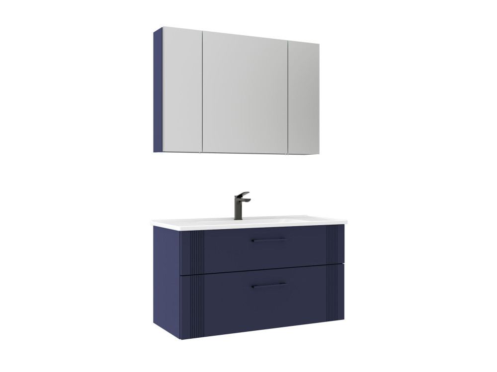 Set mobile lavabo con specchio (2 pezzi) "Bari 100 v2" - 100 x 45 x 55 cm - Blu navy opaco